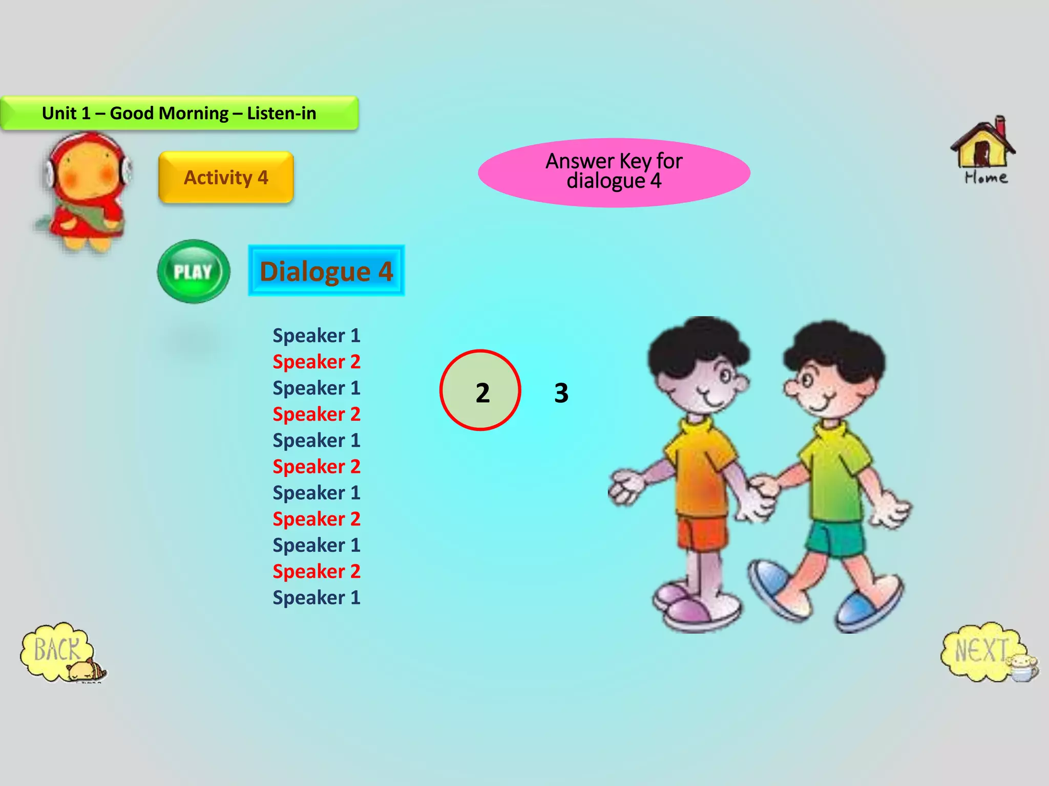 2 3
Activity 4
Dialogue 4
Speaker 1
Speaker 2
Speaker 1
Speaker 2
Speaker 1
Speaker 2
Speaker 1
Speaker 2
Speaker 1
Speaker 2
Speaker 1
Unit 1 – Good Morning – Listen-in
Answer Key for
dialogue 4
 