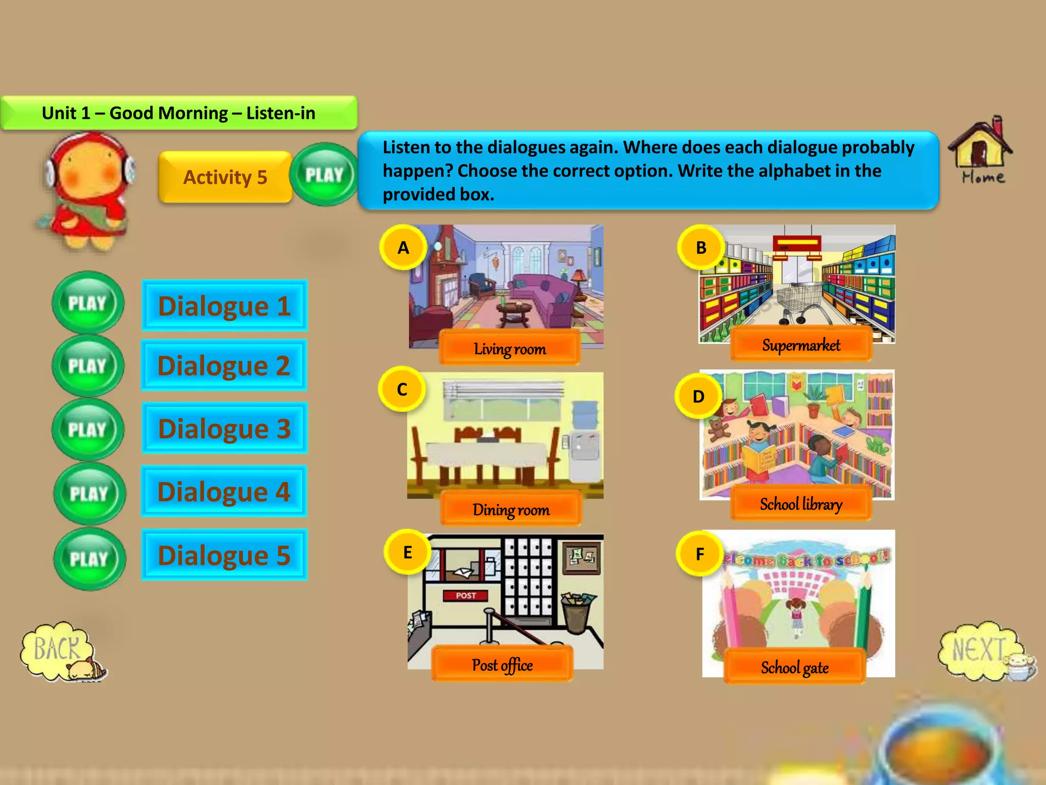 Activity 5
Dialogue 1
Dialogue 2
Dialogue 3
Dialogue 4
Dialogue 5
A B
C D
E F
Livingroom
Diningroom
Post office
Supermarket
Schoollibrary
Schoolgate
Listen to the dialogues again. Where does each dialogue probably
happen? Choose the correct option. Write the alphabet in the
provided box.
Unit 1 – Good Morning – Listen-in
 