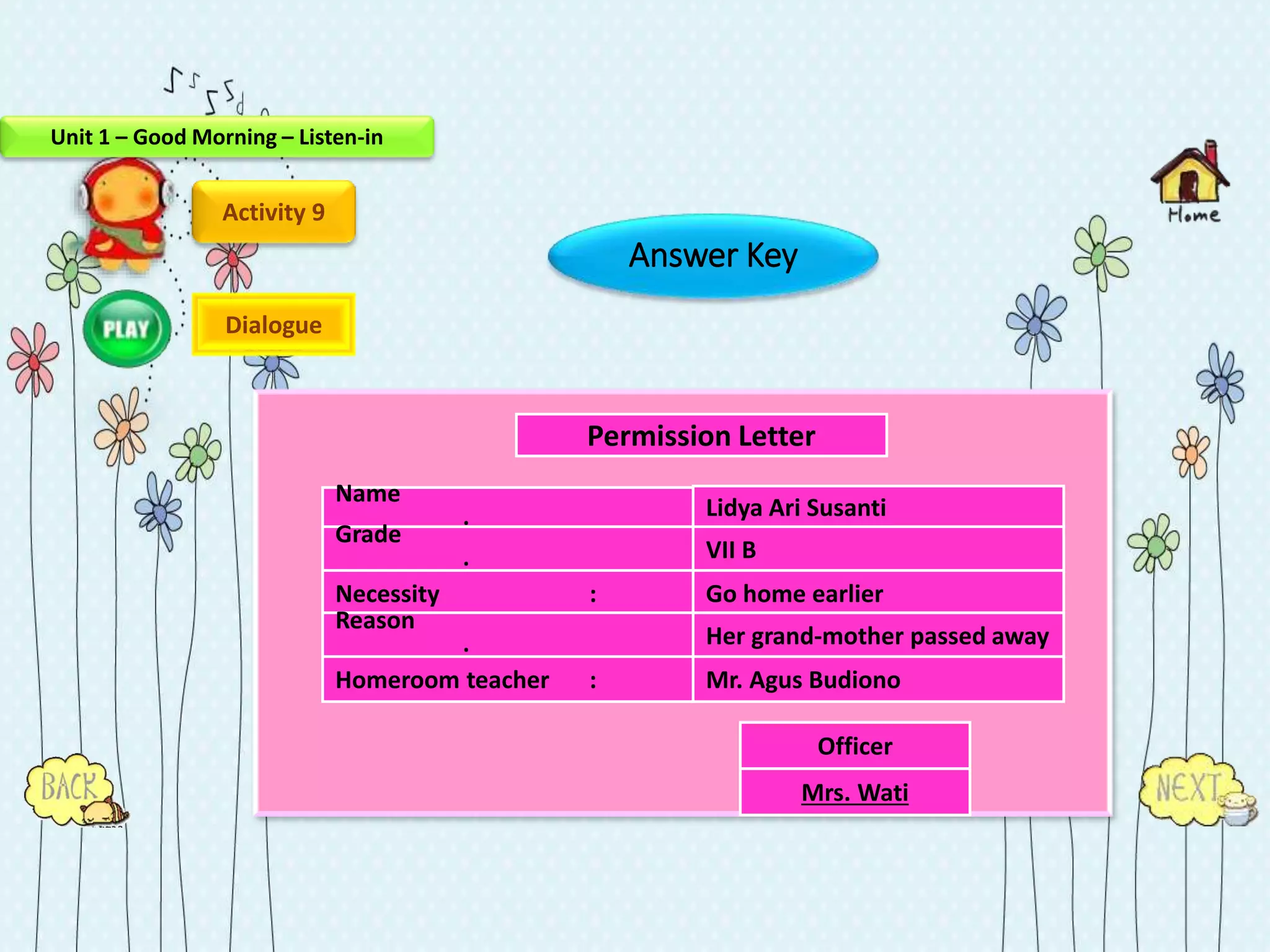 Activity 9
Lidya Ari Susanti
VII B
Go home earlier
Her grand-mother passed away
Mr. Agus Budiono
Officer
Name
:Grade
:
Necessity :
Reason
:
Homeroom teacher :
Permission Letter
Mrs. Wati
Dialogue
Unit 1 – Good Morning – Listen-in
Answer Key
 
