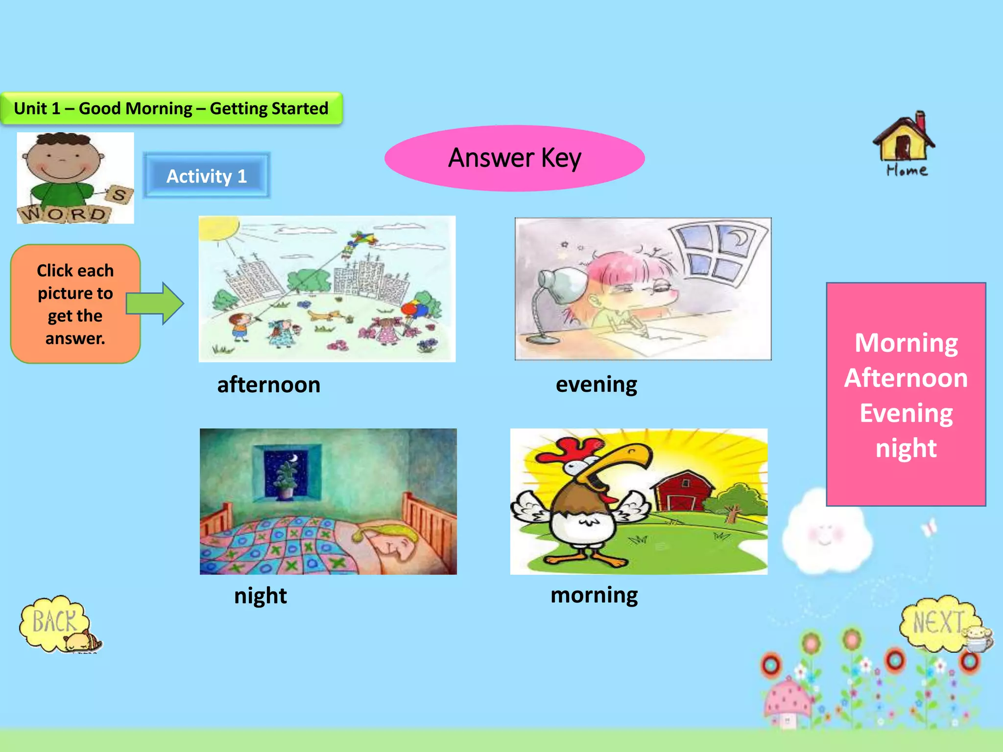 Answer Key
Activity 1
afternoon evening
morningnight
Morning
Afternoon
Evening
night
Click each
picture to
get the
answer.
Unit 1 – Good Morning – Getting Started
 