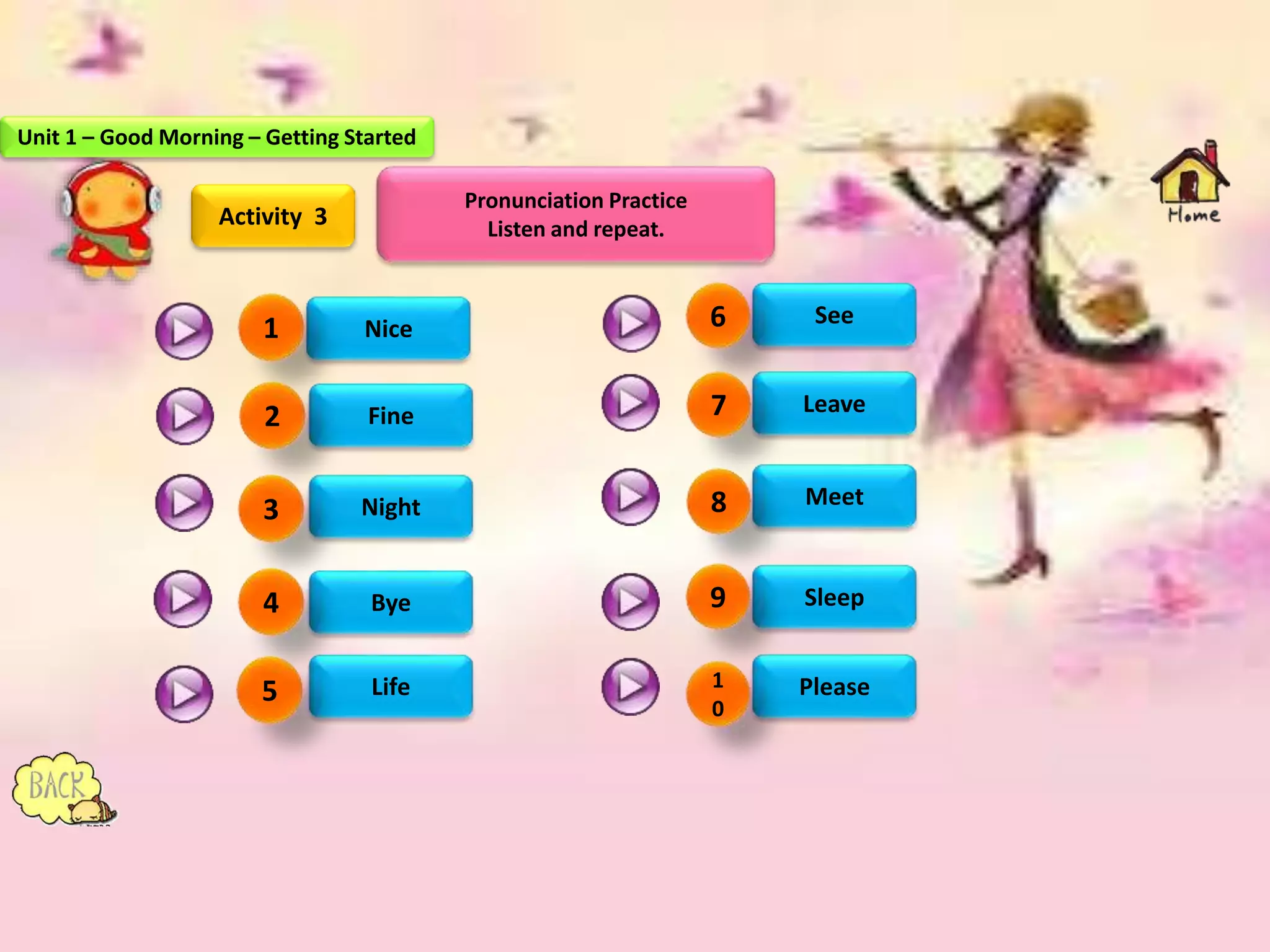 Activity 3
Pronunciation Practice
Listen and repeat.
Nice
Fine
Night
Bye
Life
See
Leave
Meet
Sleep
Please
1
2
3
4
5
6
7
8
9
1
0
Unit 1 – Good Morning – Getting Started
 