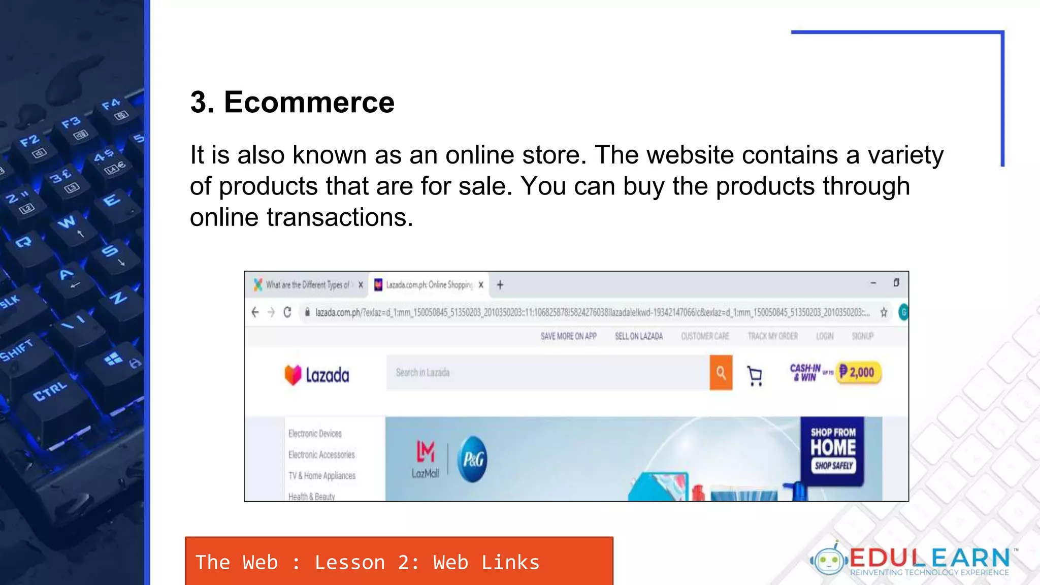 The Web : Lesson 2: Web Links
It is also known as an online store. The website contains a variety
of products that are for sale. You can buy the products through
online transactions.
3. Ecommerce
 