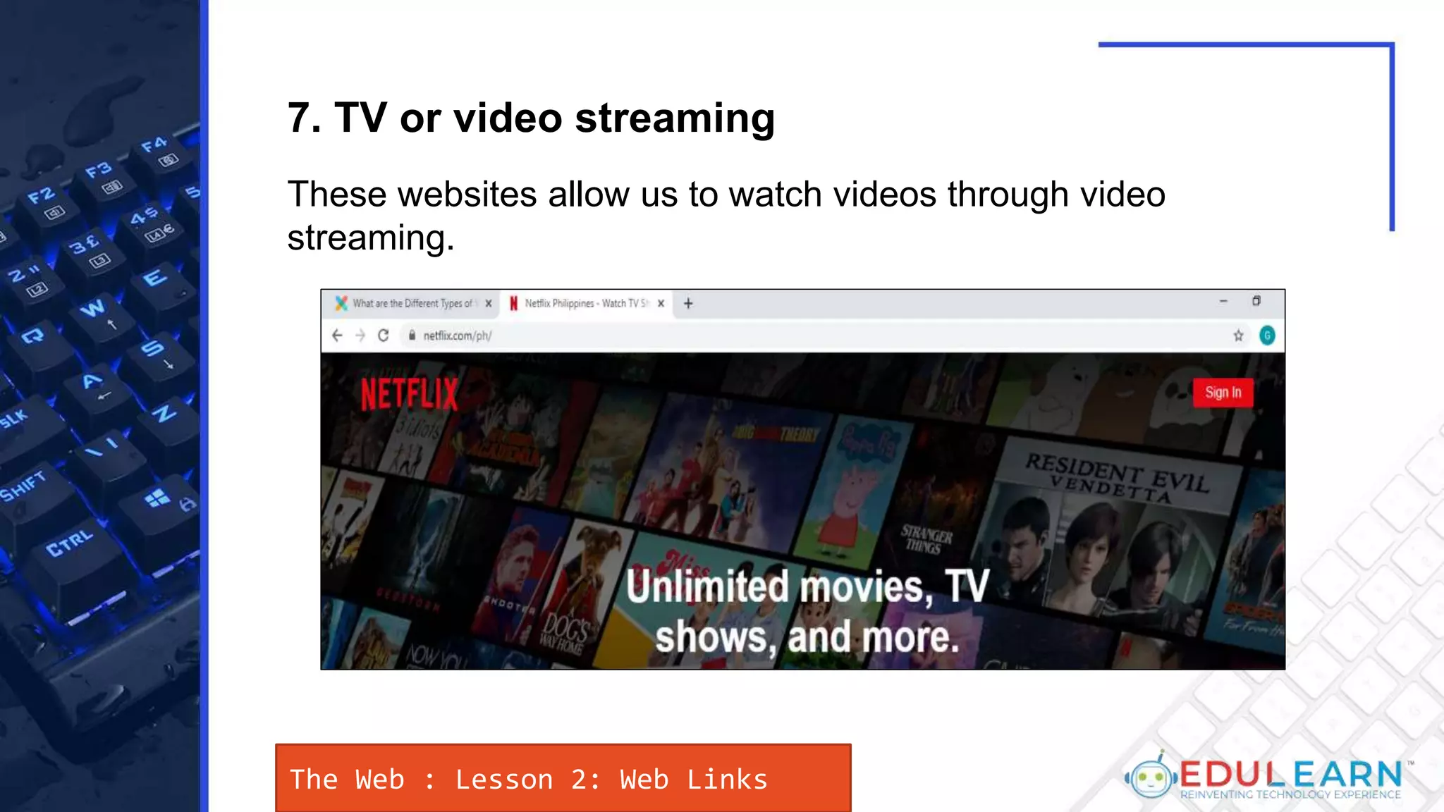 The Web : Lesson 2: Web Links
These websites allow us to watch videos through video
streaming.
7. TV or video streaming
 