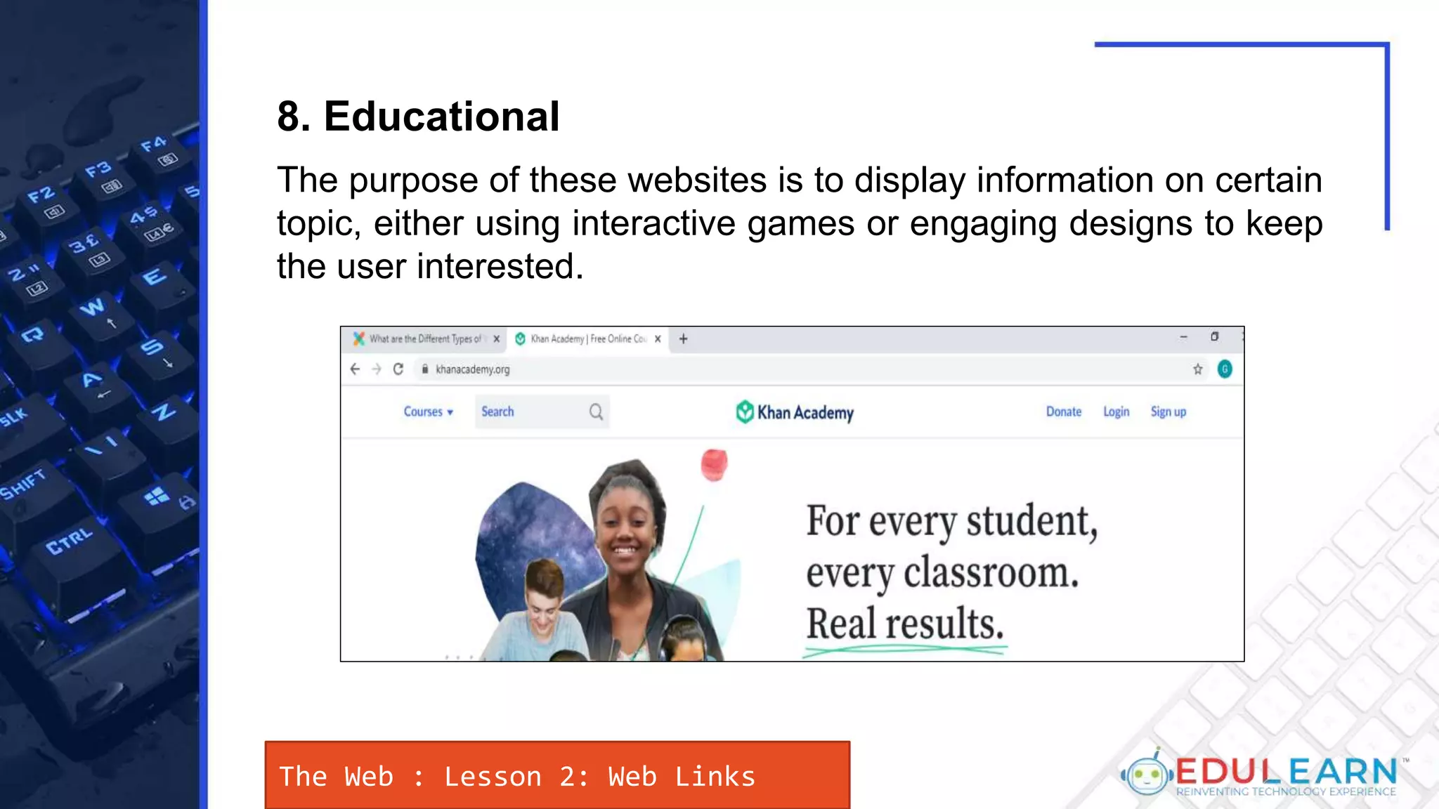 The Web : Lesson 2: Web Links
The purpose of these websites is to display information on certain
topic, either using interactive games or engaging designs to keep
the user interested.
8. Educational
 