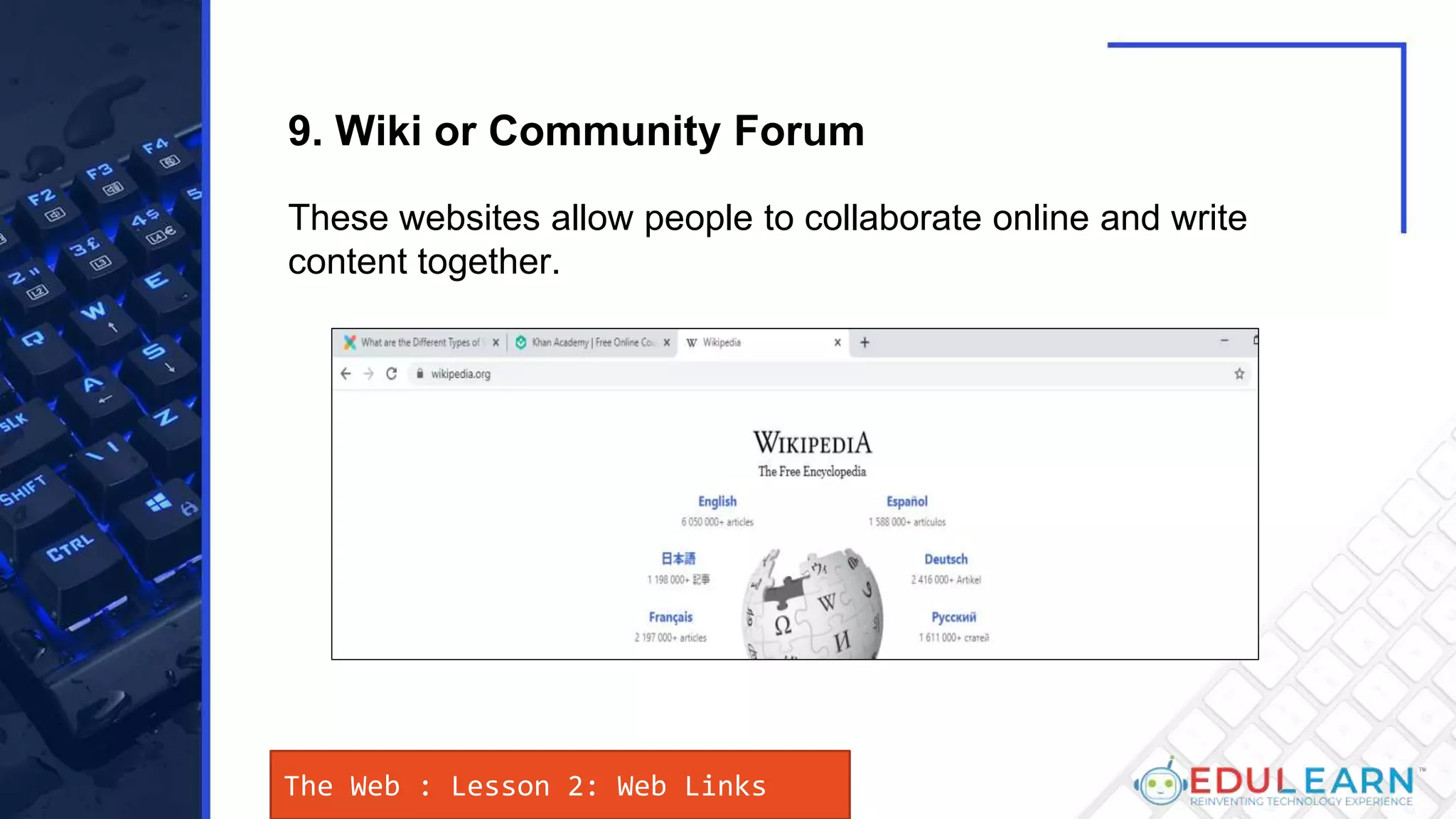 The Web : Lesson 2: Web Links
These websites allow people to collaborate online and write
content together.
9. Wiki or Community Forum
 