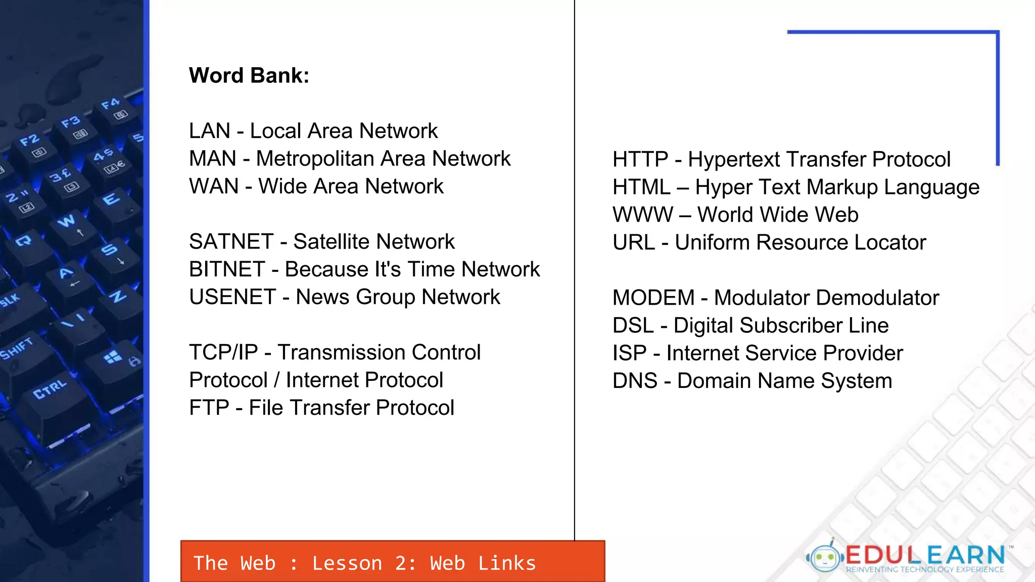 The Web : Lesson 2: Web Links
Word Bank:
LAN - Local Area Network
MAN - Metropolitan Area Network
WAN - Wide Area Network
SATNET - Satellite Network
BITNET - Because It's Time Network
USENET - News Group Network
TCP/IP - Transmission Control
Protocol / Internet Protocol
FTP - File Transfer Protocol
HTTP - Hypertext Transfer Protocol
HTML – Hyper Text Markup Language
WWW – World Wide Web
URL - Uniform Resource Locator
MODEM - Modulator Demodulator
DSL - Digital Subscriber Line
ISP - Internet Service Provider
DNS - Domain Name System
 