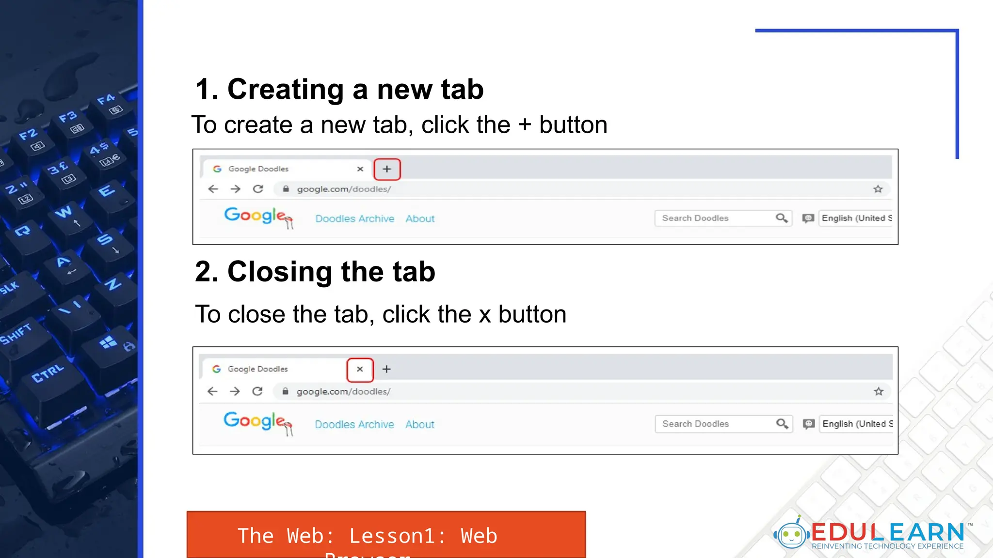1. Creating a new tab
To close the tab, click the x button
2. Closing the tab
To create a new tab, click the + button
The Web: Lesson1: Web
 