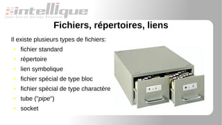 Fichiers, répertoires, liens
Il existe plusieurs types de fichiers:
● fichier standard
● répertoire
● lien symbolique
● fichier spécial de type bloc
● fichier spécial de type charactère
● tube ("pipe")
● socket
 