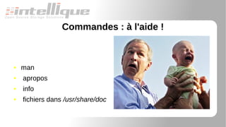 Commandes : à l'aide !
● man
● apropos
● info
● fichiers dans /usr/share/doc
 