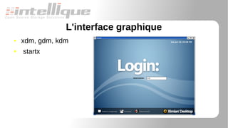 L'interface graphique
● xdm, gdm, kdm
● startx
 