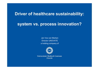Driver of healthcare sustainability:

 system vs. process innovation?


                  Jan Vos van Marken
                   Director UNOVATE
                  a holding company of




           UNOVATE, Hospital Management conference, 19/10/2011   1
 