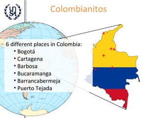 Colombianitos

6 different places in Colombia:
• Bogotá
• Cartagena
• Barbosa
• Bucaramanga
• Barrancabermeja
• Puerto Tejada

 