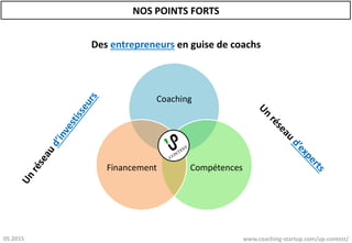 Coaching
CompétencesFinancement
www.coaching-startup.com/up-contest/05.2015
Des entrepreneurs en guise de coachs
NOS POINTS FORTS
 