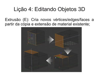 Lição 4: Editando Objetos 3D
Extrusão (E): Cria novos vértices/edges/faces a
partir da cópia e extensão de material existente;
 