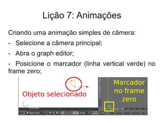 Lição 7: Animações
Criando uma animação simples de câmera:
- Selecione a câmera principal;
- Abra o graph editor;
- Posicione o marcador (linha vertical verde) no
frame zero;
 