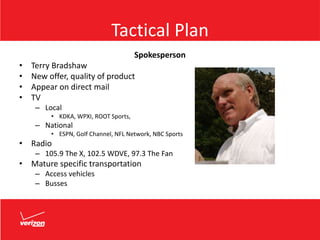 Tactical Plan
Spokesperson
• Terry Bradshaw
• New offer, quality of product
• Appear on direct mail
• TV
– Local
• KDKA, WPXI, ROOT Sports,
– National
• ESPN, Golf Channel, NFL Network, NBC Sports
• Radio
– 105.9 The X, 102.5 WDVE, 97.3 The Fan
• Mature specific transportation
– Access vehicles
– Busses
 