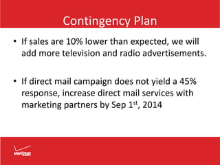 Contingency Plan
• If sales are 10% lower than expected, we will
add more television and radio advertisements.
• If direct mail campaign does not yield a 45%
response, increase direct mail services with
marketing partners by Sep 1st, 2014
 