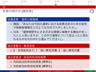 はじめに 先行研究 仮説 データ 分析 おわりに
変数
変数の操作化 (鍵変数)
従属変数：選挙公報接触
韓国：「あなたは今回の選挙における投票決定のための政党
や候補者情報をどのような方式で入手しましたか。」
日本：「選挙期間中にさまざまな情報に接触する機会があっ
たことと思いますが、この中で選挙について役立ったと思わ
れるものを次の中から選んでください。」
独立変数 1：無党派性
0：支持政党あり; 1：弱い無党派層; 2：強い無党派層
独立変数 2：政治的有効性感覚
内的政治的有効性感覚 (標準化)
外的政治的有効性感覚 (標準化)
SONG Jaehyun Who Cares About Manifesto? – A Comparative Study of Japan and Korea – 10 / 18
 