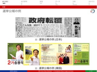 はじめに 先行研究 仮説 データ 分析 おわりに
背景
選挙公報の例
図 : 選挙公報の例 (日本)
図 : 選挙公報の例 (韓国)
SONG Jaehyun Who Cares About Manifesto? – A Comparative Study of Japan and Korea – 3 / 18
 