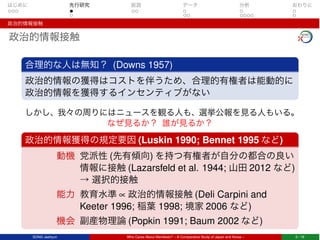 はじめに 先行研究 仮説 データ 分析 おわりに
政治的情報接触
政治的情報接触
合理的な人は無知？ (Downs 1957)
政治的情報の獲得はコストを伴うため、合理的有権者は能動的に
政治的情報を獲得するインセンティブがない
しかし、我々の周りにはニュースを観る人も、選挙公報を見る人もいる。
なぜ見るか？ 誰が見るか？
政治的情報獲得の規定要因 (Luskin 1990; Bennet 1995 など)
動機 党派性 (先有傾向) を持つ有権者が自分の都合の良い
情報に接触 (Lazarsfeld et al. 1944; 山田 2012 など)
→ 選択的接触
能力 教育水準 ∝ 政治的情報接触 (Deli Carpini and
Keeter 1996; 稲葉 1998; 境家 2006 など)
機会 副産物理論 (Popkin 1991; Baum 2002 など)
SONG Jaehyun Who Cares About Manifesto? – A Comparative Study of Japan and Korea – 5 / 18
 