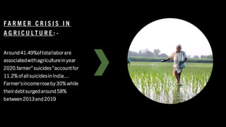F A R M E R C R I S I S I N
A G R I C U L T U R E : -
Around 41.49%oftotallabor are
associatedwithagriculture in year
2020.farmer"suicides"account for
11.2% of all suicidesin India....
Farmer'sincome rose by 30% while
their debt surged around 58%
between2013and 2019
 