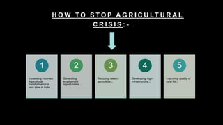 H O W T O S T O P A G R I C U LT U R A L
C R I S I S : -
Increasing incomes.
Agricultural
transformation is
very slow in India …
1
Generating
employment
opportunities …
2
Reducing risks in
agriculture...
3
Developing Agri-
infrastructure...
4
Improving quality of
rural life...
5
 