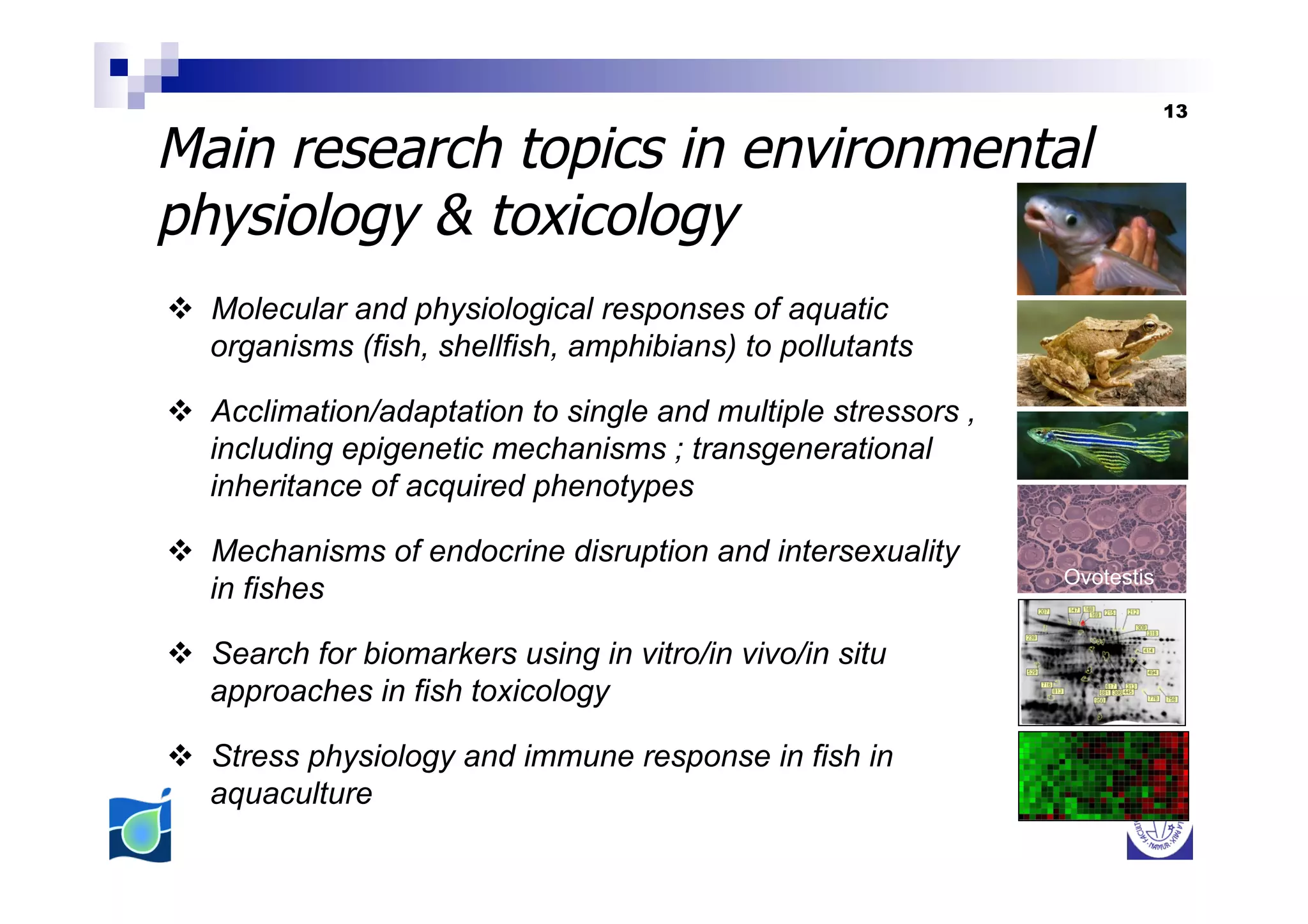 13

Main research topics in environmental
physiology & toxicology
v  Molecular and physiological responses of aquatic
    organisms (fish, shellfish, amphibians) to pollutants

v  Acclimation/adaptation to single and multiple stressors ,
    including epigenetic mechanisms ; transgenerational
    inheritance of acquired phenotypes

v  Mechanisms of endocrine disruption and intersexuality
    in fishes

v  Search for biomarkers using in vitro/in vivo/in situ
    approaches in fish toxicology

v  Stress physiology and immune response in fish in
    aquaculture
 