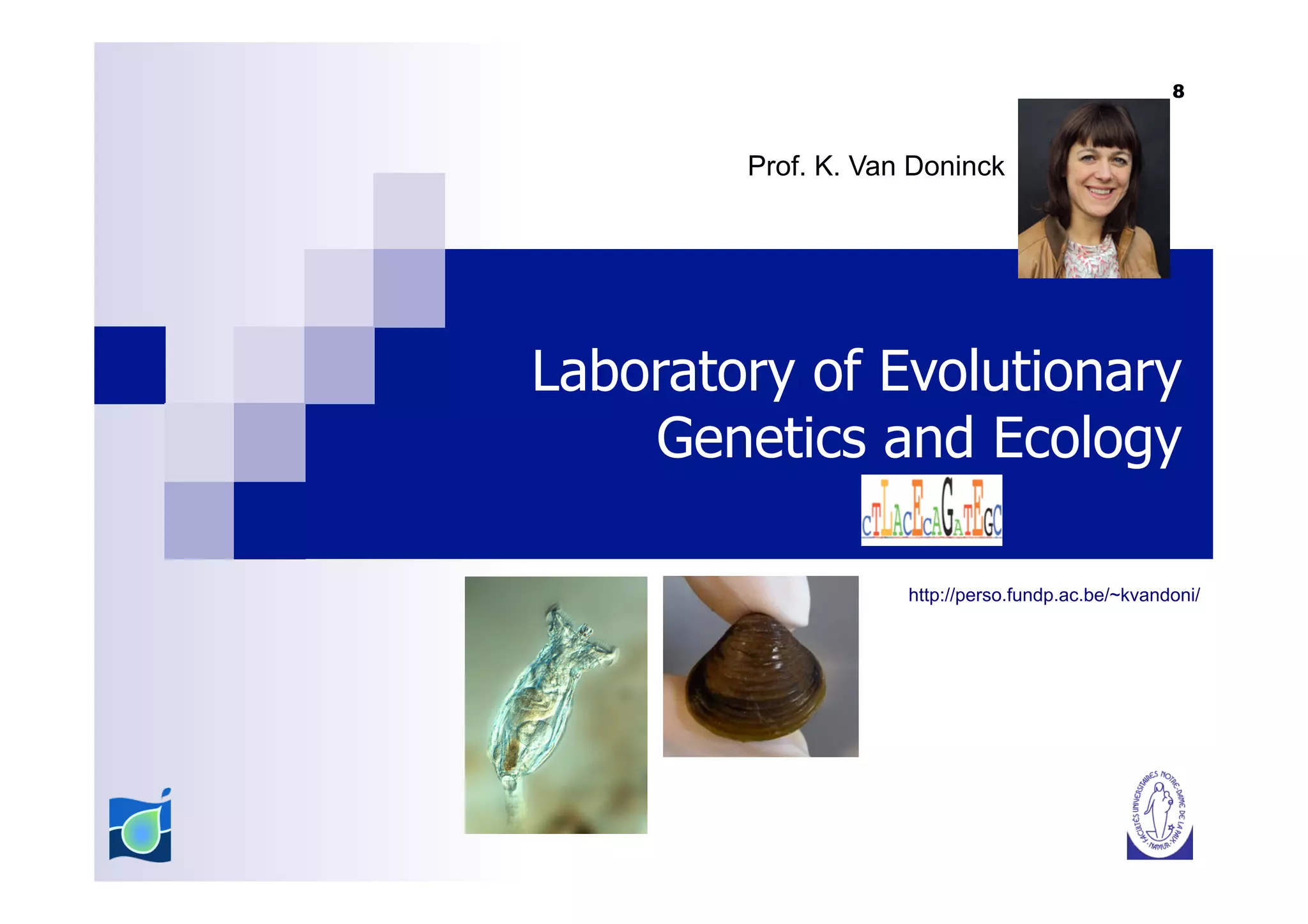 8



        Prof. K. Van Doninck




Laboratory of Evolutionary
    Genetics and Ecology

                    http://perso.fundp.ac.be/~kvandoni/
 