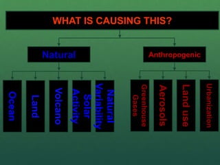 WHAT IS CAUSING THIS?
Greenhouse
Gases
Aerosols
Landuse
Urbanization
AnthropogenicNatural
Land
Volcano
Solar
Activity
Natural
Variability
Ocean
 