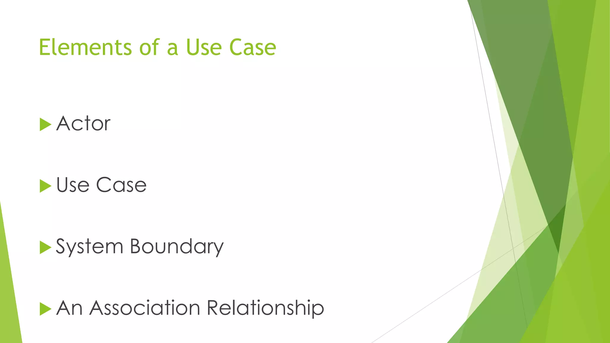 Elements of a Use Case
 Actor
 Use Case
 System Boundary
 An Association Relationship
 