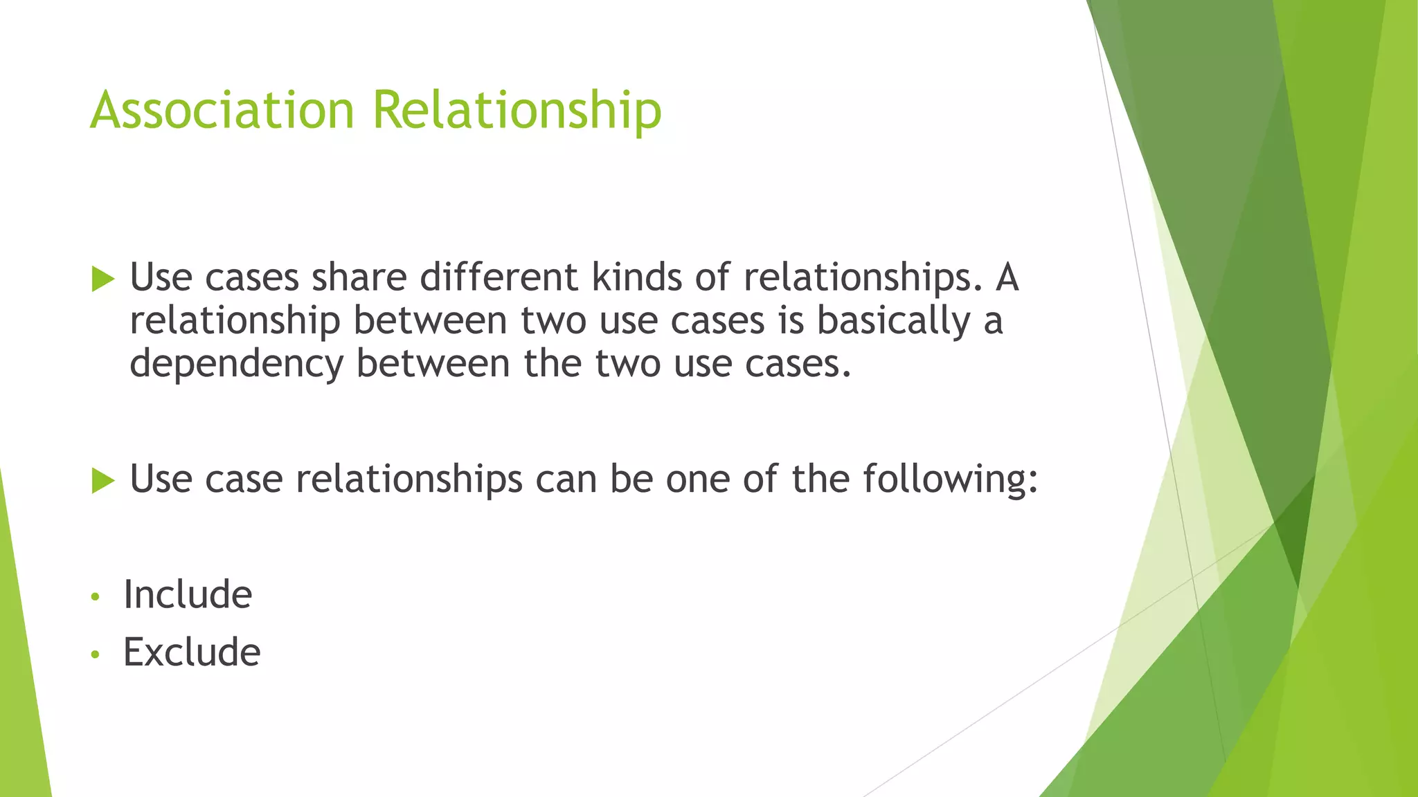 Association Relationship
 Use cases share different kinds of relationships. A
relationship between two use cases is basically a
dependency between the two use cases.
 Use case relationships can be one of the following:
• Include
• Exclude
 