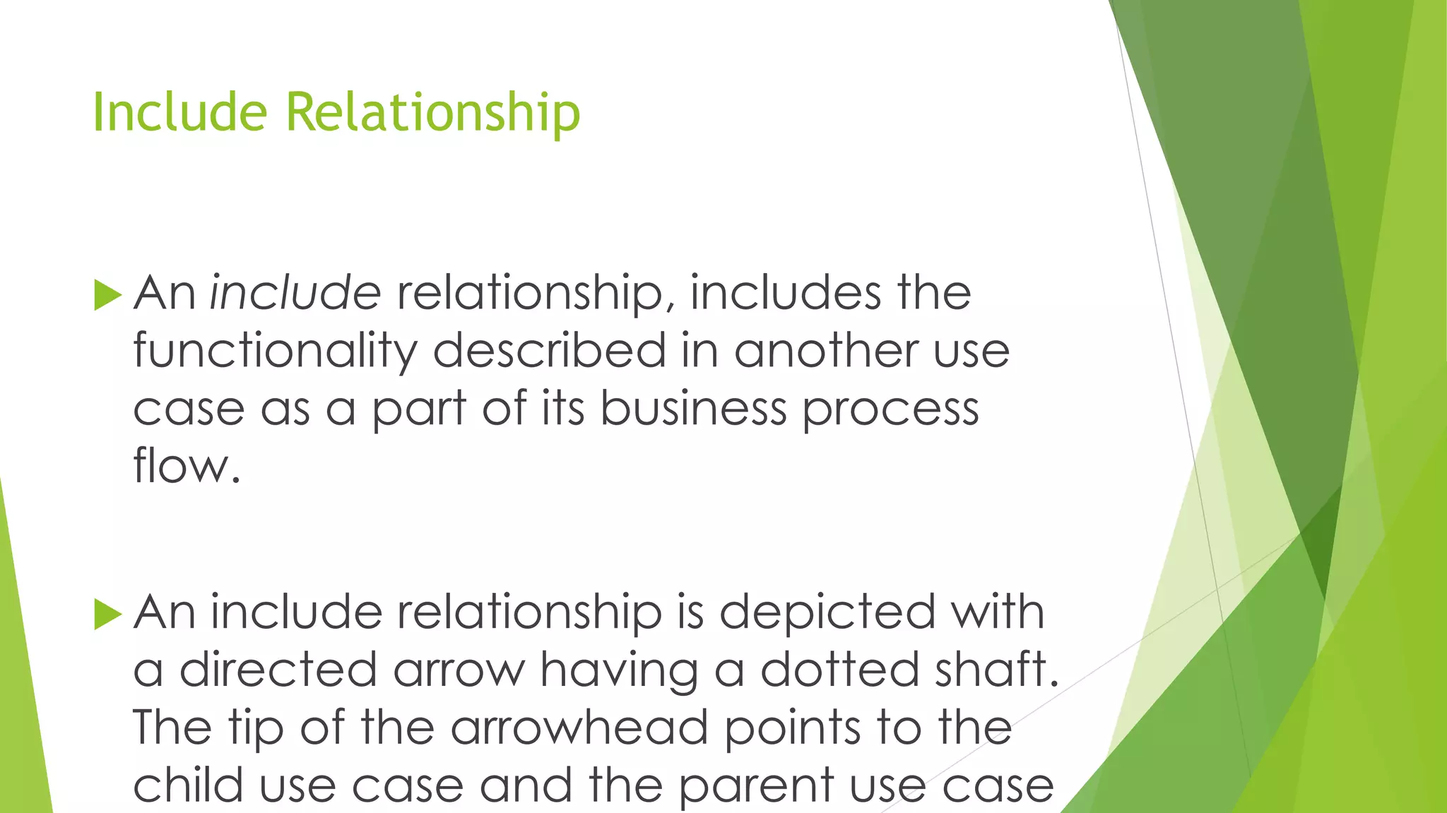 Include Relationship
 An include relationship, includes the
functionality described in another use
case as a part of its business process
flow.
 An include relationship is depicted with
a directed arrow having a dotted shaft.
The tip of the arrowhead points to the
child use case and the parent use case
 