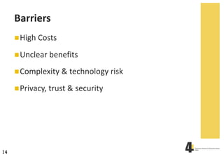 14
Barriers
nHigh Costs
nUnclear benefits
nComplexity & technology risk
nPrivacy, trust & security
 
