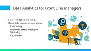 Data Analytics for Front Line Managers
• Better HR decision making
• Using data to monitor operations
Productivity
Employee Safety, Employee
Wellbeing
Recruitment
 