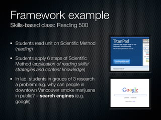 Framework example
Skills-based class: Reading 500


  Students read unit on Scientiﬁc Method
  (reading)

  Students apply 6 steps of Scientiﬁc
  Method (application of reading skills/
  strategies and content knowledge)

  In lab, students in groups of 3 research
  a problem: e.g. why can people in
  downtown Vancouver smoke marijuana
  in public? – search engines (e.g.
  google)
 