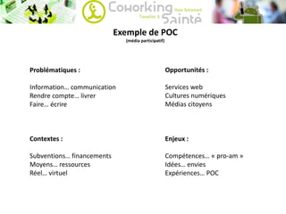 Problématiques :
Information… communication
Rendre compte… livrer
Faire… écrire
Contextes :
Subventions… financements
Moyens… ressources
Réel… virtuel
Opportunités :
Services web
Cultures numériques
Médias citoyens
Enjeux :
Compétences… « pro-am »
Idées… envies
Expériences… POC
Exemple de POC
(média participatif)
 