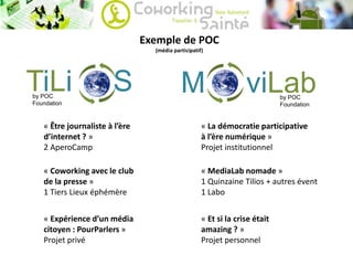Exemple de POC
(média participatif)
« Être journaliste à l’ère
d’internet ? »
2 AperoCamp
« Coworking avec le club
de la presse »
1 Tiers Lieux éphémère
« Expérience d’un média
citoyen : PourParlers »
Projet privé
« La démocratie participative
à l’ère numérique »
Projet institutionnel
« MediaLab nomade »
1 Quinzaine Tilios + autres évent
1 Labo
« Et si la crise était
amazing ? »
Projet personnel
M viLabby POC
Foundation
TiLi Sby POC
Foundation
 