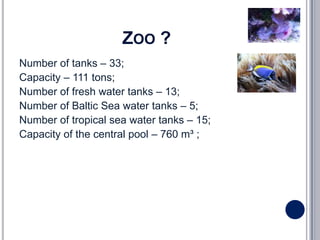 ZOO ?
Number of tanks – 33;
Capacity – 111 tons;
Number of fresh water tanks – 13;
Number of Baltic Sea water tanks – 5;
Number of tropical sea water tanks – 15;
Capacity of the central pool – 760 m³ ;
 