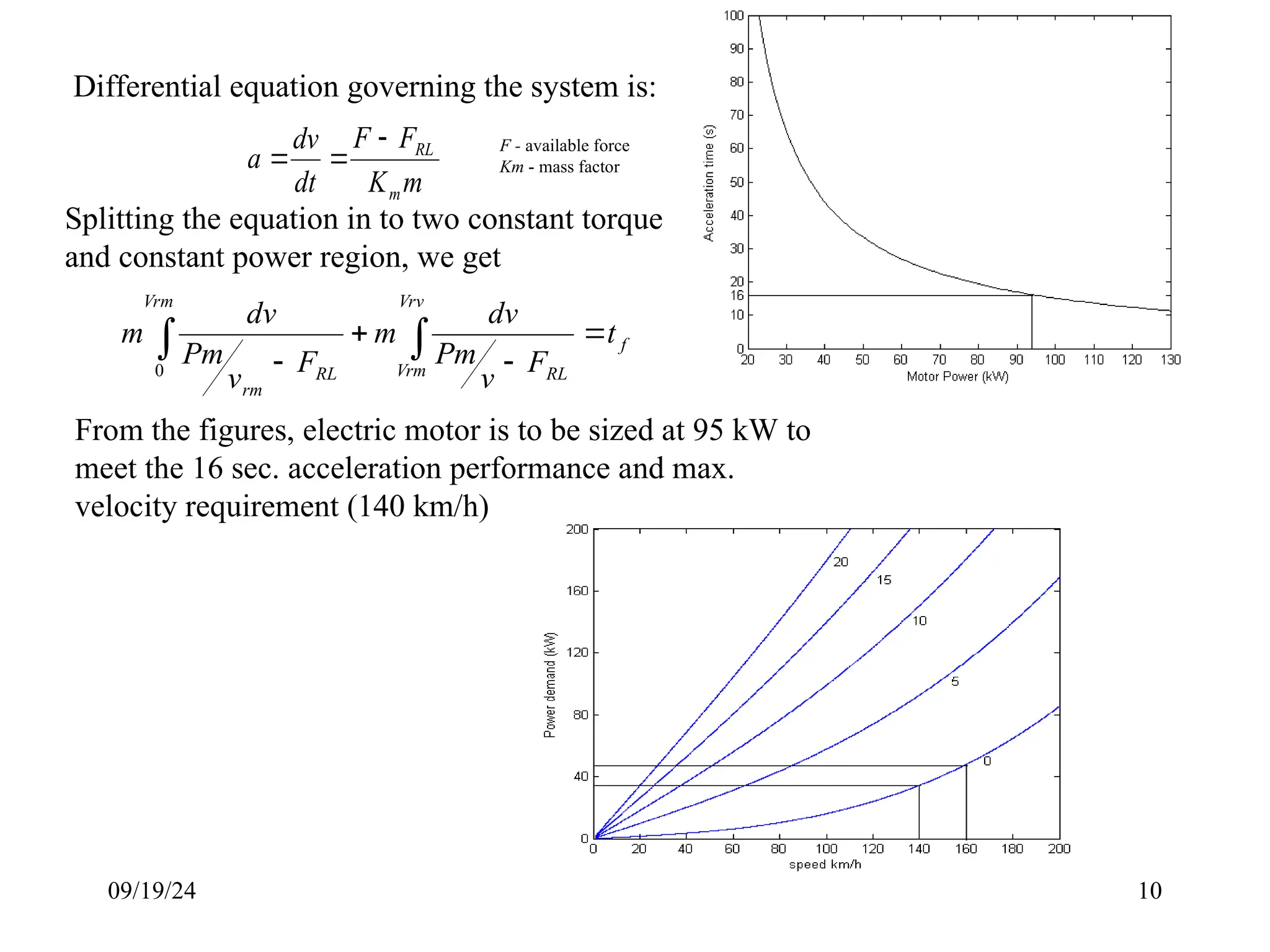 09/19/24 10
Differential equation governing the system is:
m
K
F
F
dt
dv
a
m
RL



Splitting the equation in to two constant torque
and constant power region, we get
f
Vrv
Vrm RL
Vrm
RL
rm
t
F
v
Pm
dv
m
F
v
Pm
dv
m 





0
From the figures, electric motor is to be sized at 95 kW to
meet the 16 sec. acceleration performance and max.
velocity requirement (140 km/h)
F - available force
Km - mass factor
 