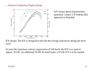 01/29/26 12
ICE design: The ICE is designed to provide the average load power during the drive
cycle.
To meet the maximum velocity requirement of 160 km/h, the ICE is to rated at
approx. 45 kW. An additional 10 kW for hotel loads, a 55 kW ICE is to be needed.
ICE torque-speed characteristics
generated using a 2-D lookup table
approach in Simulink
...... Internal Combustion Engine design
 