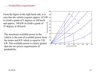 01/29/26 13
...... Gradeability requirements
From the figure in the right hand side, it is
seen that the vehicle requires approx. 62 kW
to climb a grade of 5 degrees at 100 km/h
and approx. 140 kW to climb a grade of
25 degrees at 60 km/h.
The maximum available power in the
vehicle is the sum of available power from
the motor and ICE which is equal to 150
kW. The available power is clearly greater
than the two power requirements of
gradeability.
 