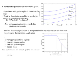 01/29/26 9
• Road load dependence on the vehicle speed
for various road grade angles is shown on the
right
• Tractive force is the actual force needed to
drive the vehicle at a velocity v.
)
/
(
)
( dt
dv
F
v
F
F acc
RL
te 

acc
F is the acceleration force needed to
accelerate the vehicle
Electric Motor design: Motor is designed to meet the acceleration and road load
requirements during initial acceleration
Motor operates in three regions
• constant torque region
• constant power region
• natural mode
Vrm – rated motor speed Vrv – rated veh. speed Vn- max. veh. speed
Characteristics of a motor
 