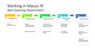 Working in Macau IR
Non-Gaming Department
2014
?GraduatefromB.
Sc
2015
?Chef de Commis
2016
?Chef de Commis
2017
?Demi-Chef de
Partie
2018
?Chef de Partie
Shrekfast
SandsCotai Central
Banquet
Grand Orbit(Buffet)
SandsCotai Central
MORS Gold PinAward
In-RoomDining
KitchenAdministrator
SandsCotai Central
Employee Annual
Award
LobbyLounge
Chef In-Charge
ConradMacau
S. Pellergrino
Young Chef NEA
Le Buffet
KitchenAdministrator
ParisianMacau
Internship
Market Research&
Insights
Internship
MarketingService in
Entertainment&F&B
 