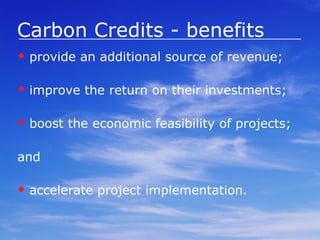 Impact on the IRR of The Project IRR  Benchmark Project return excluding CDM revenue Project return including CDM revenue CDM cash flow The gap between the project return and the required return on investment  threshold The CDM cash flow increases the IRR of the project making it more interesting for investors.  (2%-100%, diversification, offshore revenue stream) 12 % 15 % 16 % 