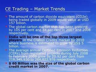 The average price paid to offset one tonne of CO2 or equivalent GHGs rose 49% from 2006 to 2007.  The percentage of projects sourced from Asia nearly doubled, from 22% in 2006 to 39% in 2007.  More than 3.6 million CER’s registered.  Of the 93 CDM projects registered, 23 are from India.  Almost 50% of projects in the pipeline are from India.  Over 75% of India’s CDM potential lies in the energy sector.  By 2012  Indian companies are expected to generate at least US$ 8.5 billion   CE Trading – Market Trends http://www.co2biz.info/carbon-credit-trading/market-trends/ 