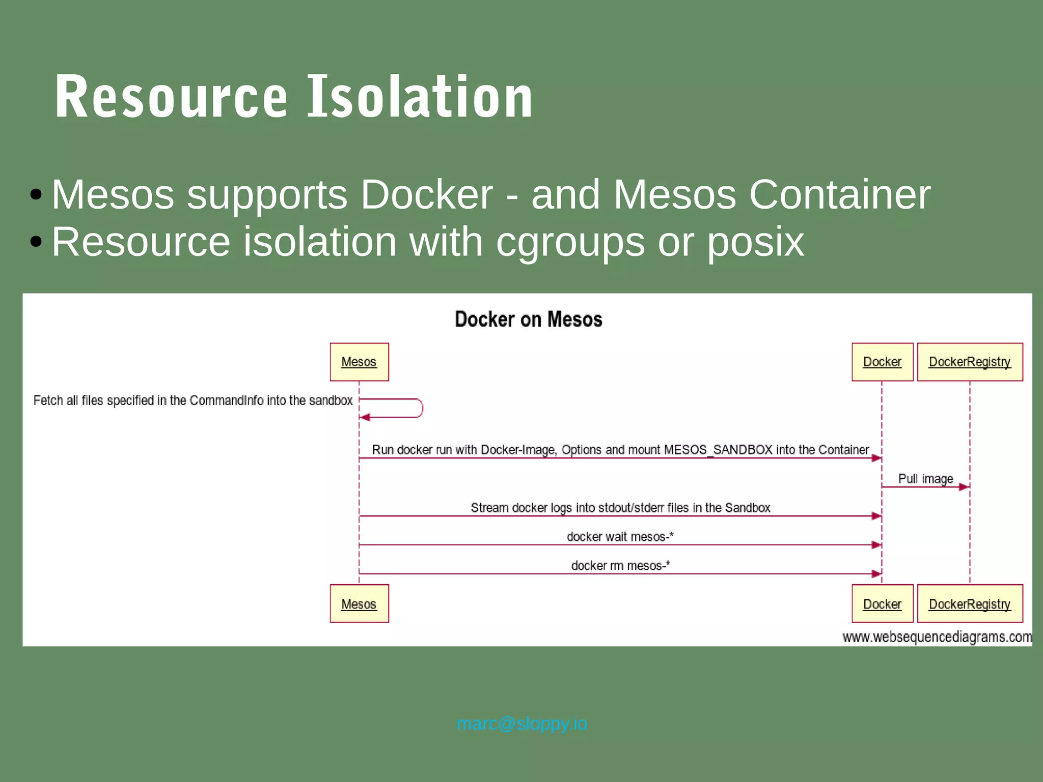 marc@sloppy.io
Resource Isolation
● Mesos supports Docker - and Mesos Container
● Resource isolation with cgroups or posix
 