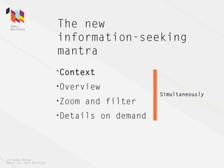 The new
                              information-seeking
                              mantra
                              •Context

                              •Overview
                                                     Simultaneously
                              •Zoom   and filter
                              •Details   on demand



IxD Sydney Meetup
Andrea Lau, Small Multiples
 