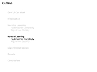Outline
Goal of Our Work
Introduction
Machine Learning
Rademacher Complexity
Algorithmic Stability
Human Learning
Rademacher Complexity
Algorithmic Stability
Experimental Design
Results
Conclusions
 