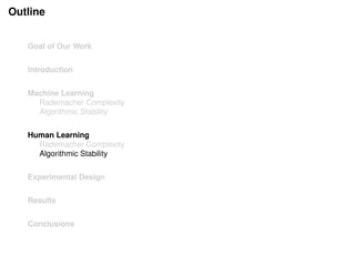 Outline
Goal of Our Work
Introduction
Machine Learning
Rademacher Complexity
Algorithmic Stability
Human Learning
Rademacher Complexity
Algorithmic Stability
Experimental Design
Results
Conclusions
 