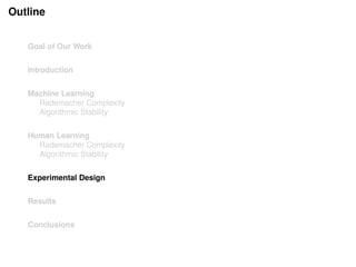 Outline
Goal of Our Work
Introduction
Machine Learning
Rademacher Complexity
Algorithmic Stability
Human Learning
Rademacher Complexity
Algorithmic Stability
Experimental Design
Results
Conclusions
 